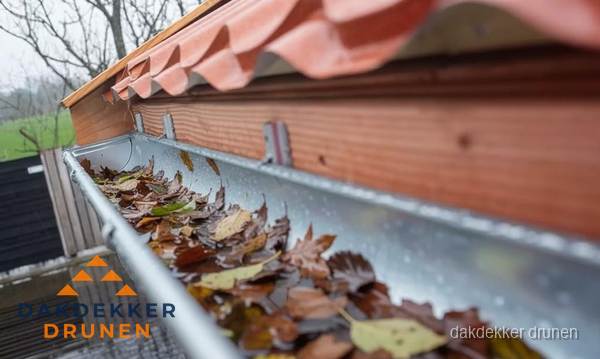 Dakgoot vol bladeren die gereinigd moet worden in Drunen