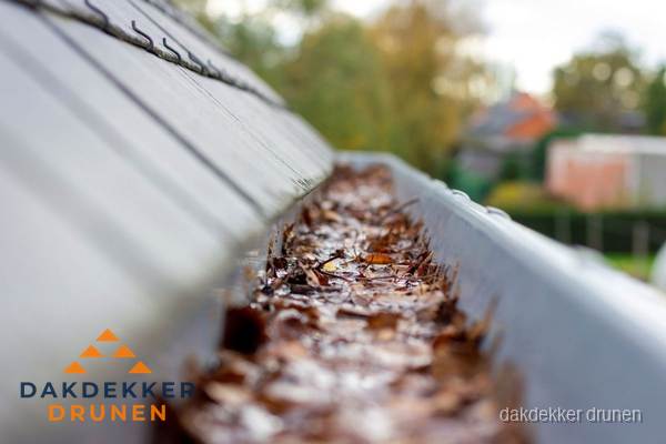 Verstopte dakgoot met bladeren schoonmaken in Drunen Verstopte dakgoot met bladeren schoonmaken in Drunen