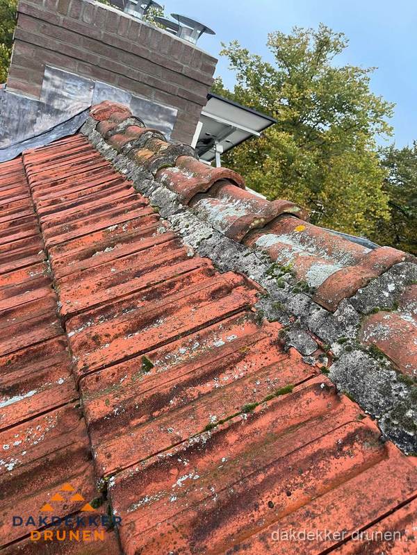 Verweerd hellend dak met mosgroei op nokvorst in Drunen